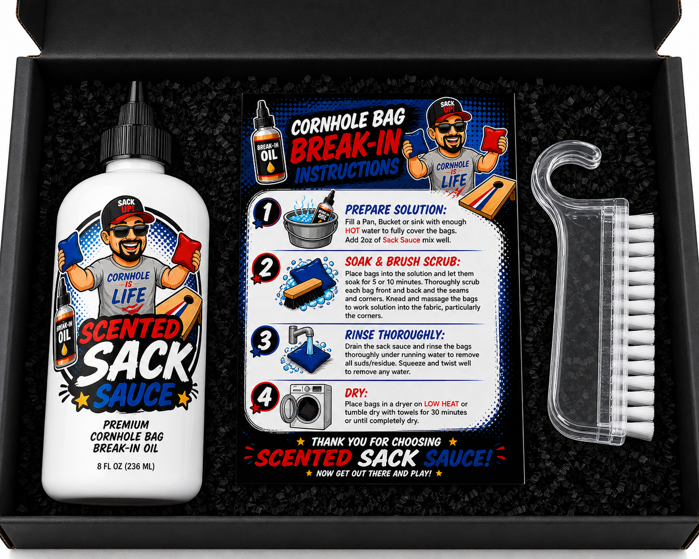 Product Title
Scented Sack Sauce – Cornhole Bag Break-In Spray | Faster Break-In, Better Feel | Multiple Scents Available